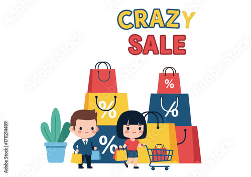 Crazy Sale Shopping Spree Happy Couple with Colorful Bags Ready to Shop, Vector Illustration for Promotional Design