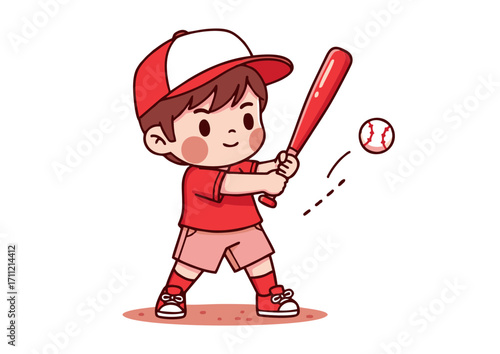 A cheerful young boy in a red uniform and cap swings his bat, ready to hit the baseball. Cute cartoon character illustration of a child's sports hobby and active lifestyle