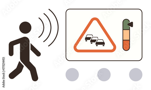 Pedestrian passing traffic warning sign with congestion indication and sound level gauge. Ideal for urban safety, noise awareness, traffic management, pedestrian protection, smart cities, road safety