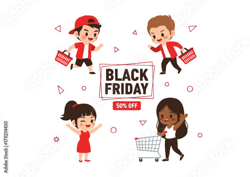 Cute illustration of multicultural kids enjoying a huge retail promotion, running with shopping baskets for a fifty percent off discount event