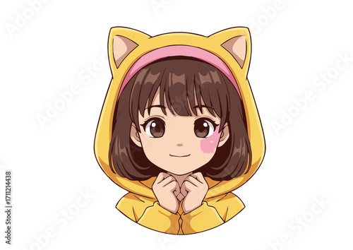 Charming vector illustration of a happy girl in a cute cat hoodie. Adorable Japanese anime style character portrait with brown hair and a pink star on her cheek