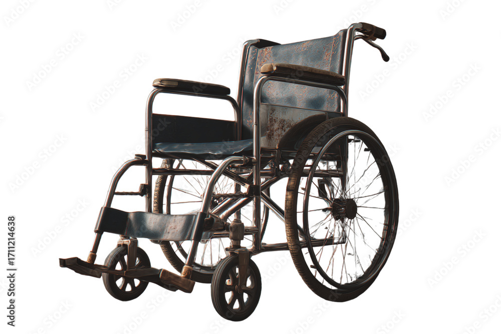 Fototapeta premium Foldable Wheelchair Leaning Against Wall in Collapsed Form, 3/4 Angle View, Transparent Background