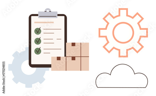 Clipboard with checklist and boxes, cloud outline, and gear icons showing organization, logistics, and workflow optimization. Ideal for supply chain, process management, delivery, planning cloud