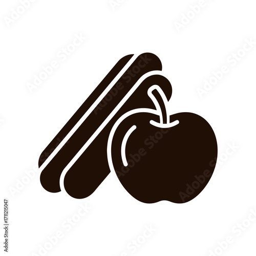 Vector art of a stylized icon of a cinnamon stick and an apple, representing a sweet and spicy combination