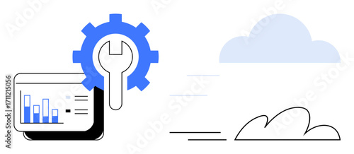 Gear and wrench beside data graphs screen represent optimization, efficiency, and analytics. Cloud with movement lines implies cloud technology. Ideal for tech, software, maintenance, analytics