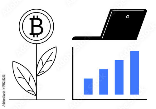 Bitcoin plant symbolizing digital currency growth paired with a laptop and bar chart for technology, finance, and business themes. Ideal for investment, innovation, cryptocurrency, trading, fintech