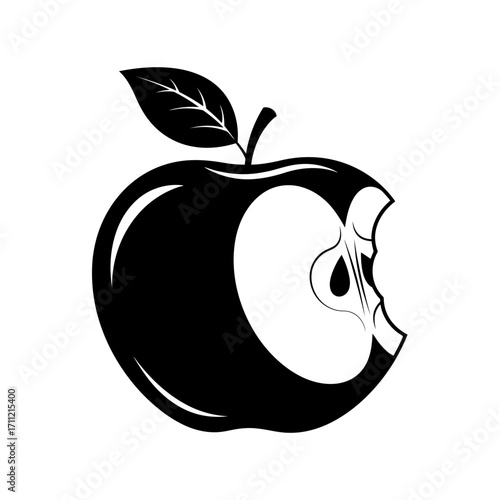 Vector art of a black and white graphic illustration of a bitten apple with a leaf and stem