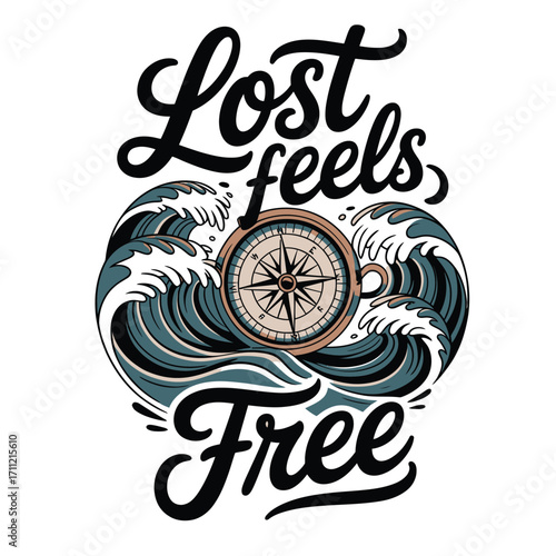 Embrace adventure and freedom, finding your path with a vintage compass amidst crashing ocean waves and inspiring typography.
