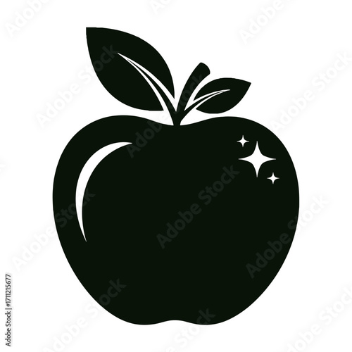 Vector art of a stylized black silhouette of an apple with two leaves and a stem, isolated on a