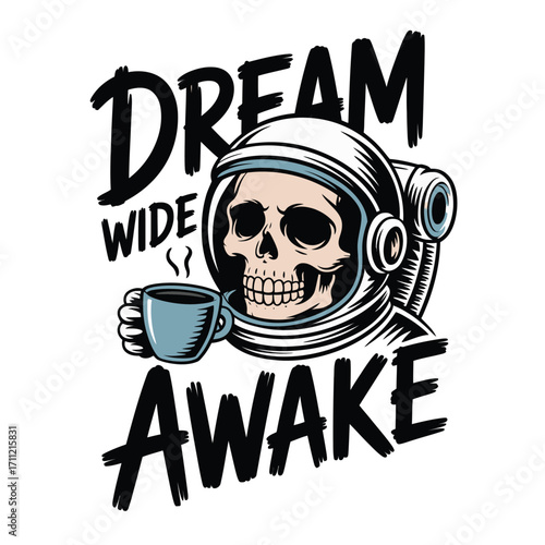 Cosmic skeleton astronaut enjoying morning coffee, embracing the surreal journey of dreaming wide awake