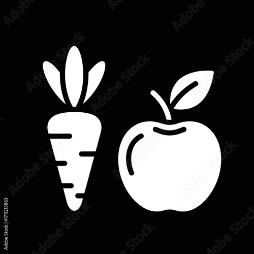 Vector art of white silhouette of a carrot and an apple on a, representing healthy food choices and nutrition
