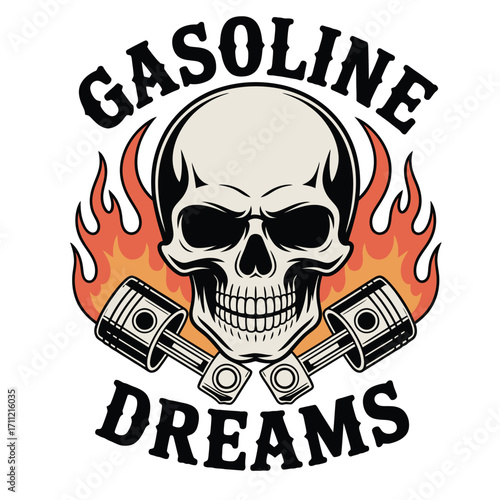 Edgy skull with pistons and flames embodies powerful gasoline dreams for automotive enthusiasts and rebels