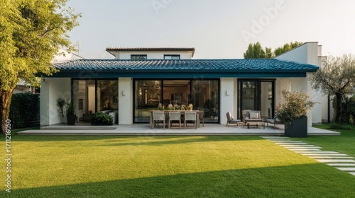 An elegant modern house with a spacious outdoor patio features dining furniture and comfortable seating,