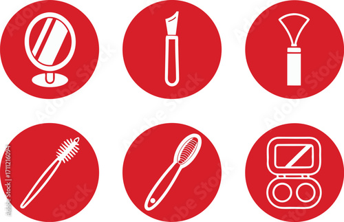 Beauty and Makeup Tools Icons Set Keywords: mirror, makeup brush, comb, mascara wand, palette