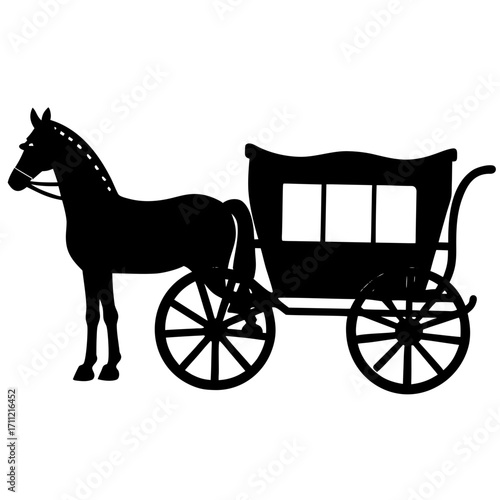 Elegant horse drawn carriage silhouette presented against a stark white background