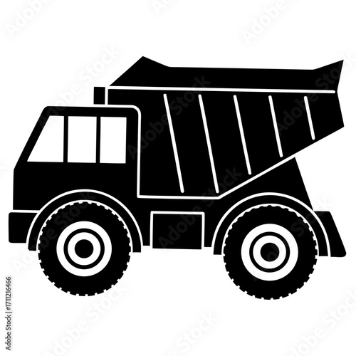 Simple black and white illustration of a large dump truck vehicle