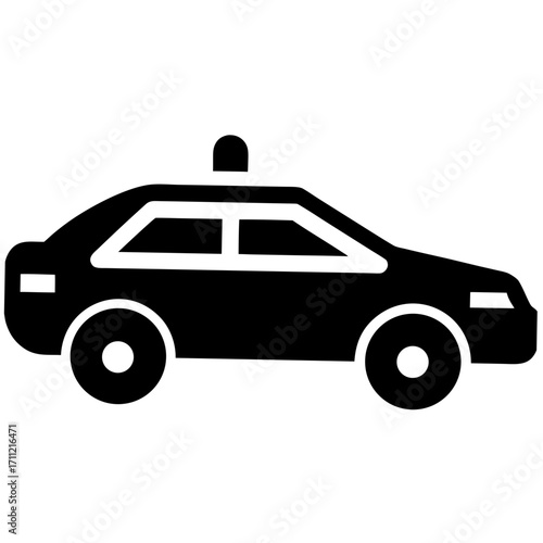 Simple black and white illustration of a police car side view