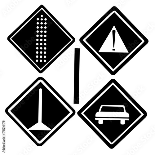 A collection of black and white road signs on a white background
