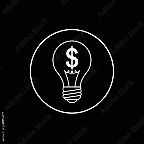 Vector art of a white outline of a light bulb with a dollar sign inside, symbolizing a moneymaking idea or financial innovation, set against a
