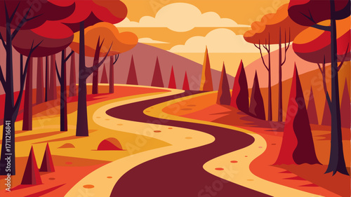 A winding path leads through the forest lined with trees ablaze with hues of copper crimson and mustard.