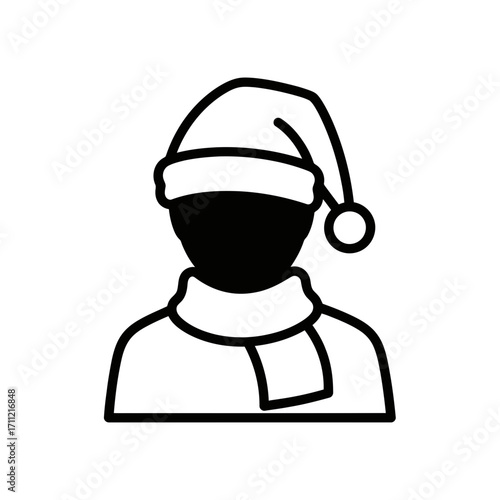 Vector art of simple black and white icon of a person wearing a santa hat and scarf