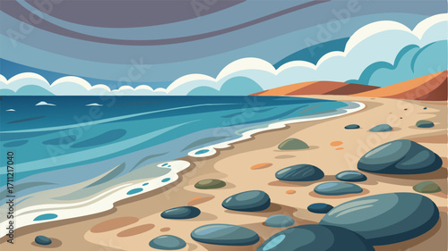 A windswept beach littered with smooth pebbles and polished stones that have been shaped by the relentless sea.