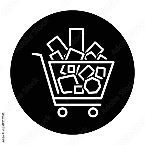 Vector art of a white line drawing of a shopping cart filled with various geometric shapes on a black circular background, representing commerce and shopping