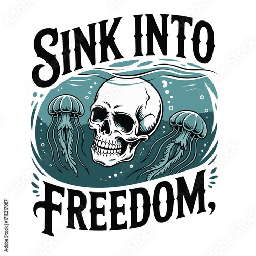 Embrace the unknown with a mysterious skull and serene jellyfish, embodying a bold quest for freedom underwater.
