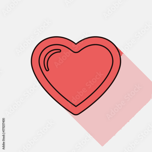 Romantic red heart graphic element with a long shadow effect on a light background