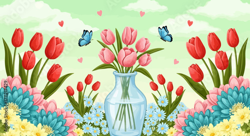 Vector art of a beautiful arrangement of pink tulips in a clear glass vase, surrounded by red tulips and colorful flowers, with butterflies fluttering in a soft green background