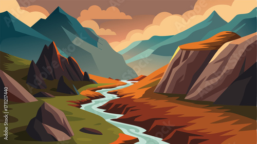 In the foothills of the mountains a small stream winds its way through the rocky terrain carving out a path through the rugged landscape.
