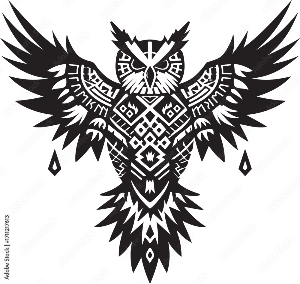 Obraz premium Tribal owl with open wings, mystical symbol art