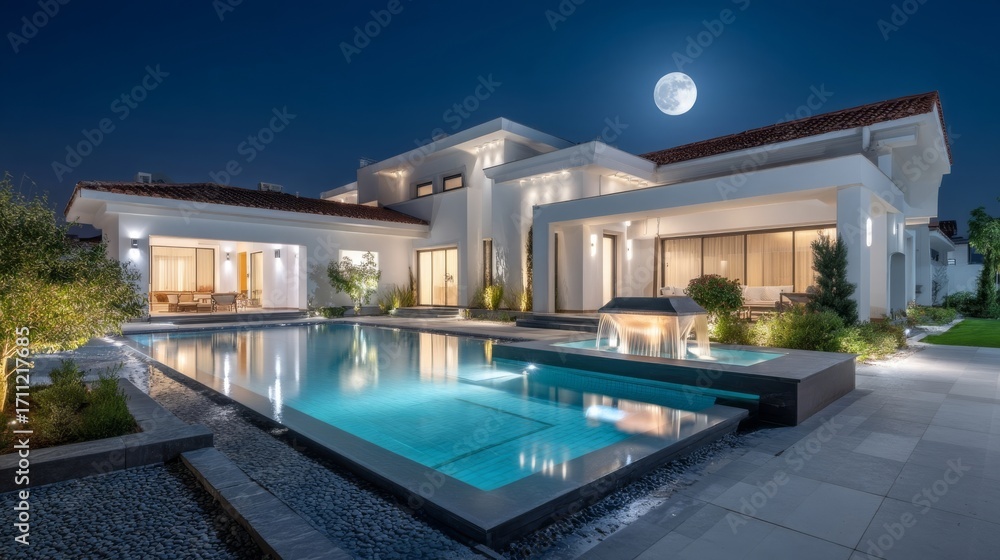 Fototapeta premium Luxury modern white house with illuminated swimming pools under a full moon,