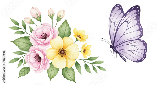 Vector art of watercolor illustration of a pink and yellow floral bouquet with green leaves next to a light purple butterfly