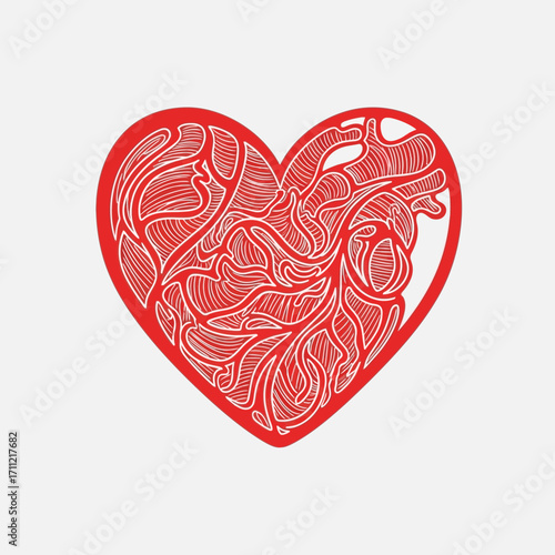 Vector graphic of a stylized red love heart with a detailed organic filigree line art pattern