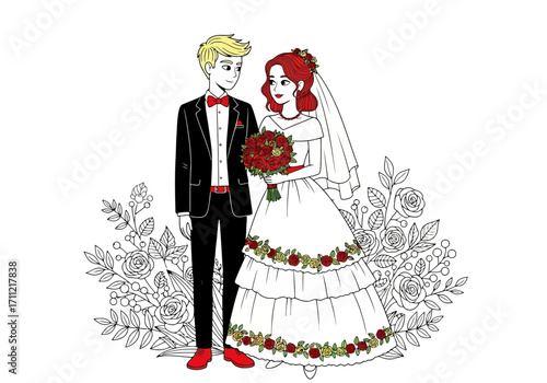 Vector art of a charming bride and groom in a romantic embrace, surrounded by delicate floral elements, capturing the essence of their wedding day