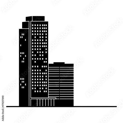 Vector art of modern black silhouette of tall office buildings and skyscrapers with many windows, representing urban architecture and city life