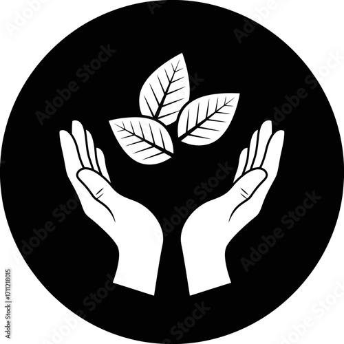 Vector art of symbolic representation of hands gently holding three green leaves, symbolizing growth, nature, care, and environmental protection in a clean white icon on a black circular background