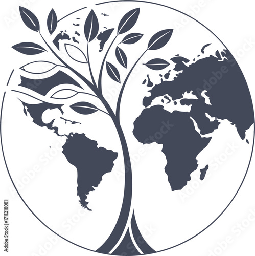 Globe with Tree of Life Silhouette on Black earth planet