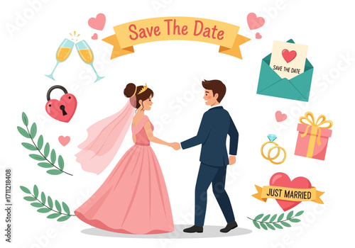 Vector art of whimsical illustration of a bride and groom holding hands surrounded by wedding symbols like rings, champagne, and a gift, just married banner