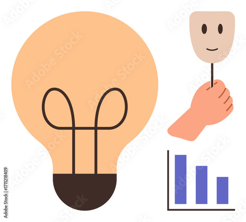 Light bulb representing ideas, hand holding a smiling mask symbolizing emotions, and a bar chart highlighting analytics. Ideal for innovation, psychology, creativity, emotional intelligence