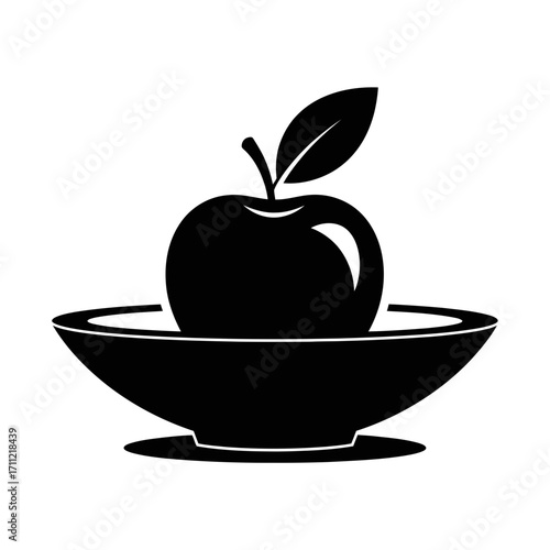 Vector art of black silhouette of an apple with a leaf in a bowl