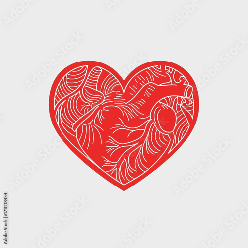 Stylized red anatomical heart with intricate line art veins and arteries in a love symbol shape