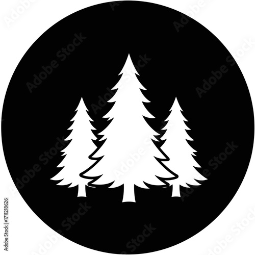 Vector art of three stylized white pine trees in a black circle, representing nature and forests