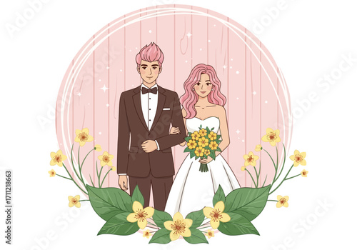 Vector art of a happy bride and groom in wedding attire, surrounded by flowers and greenery