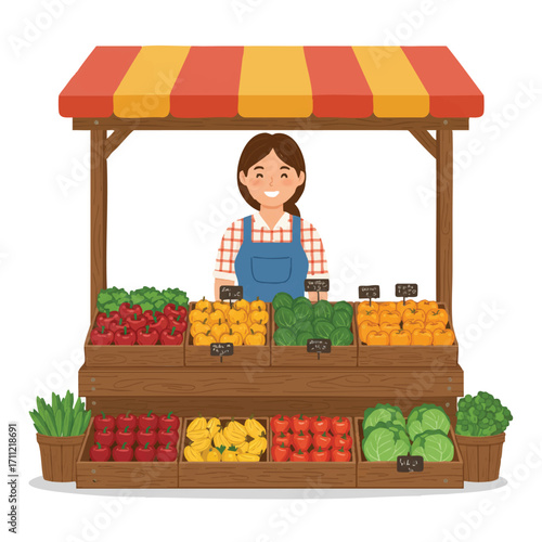 A cheerful rural woman proudly stands behind a wooden market stall overflowing with vibrant fresh fruits and vegetables, depicted in a 2D flat vector illustration on a clean white background.