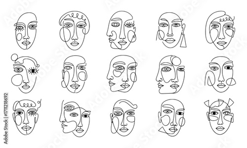 A series of 15 black-and-white continuous line-art illustrations of abstract human faces with minimalist, modern, and cubist-inspired features.