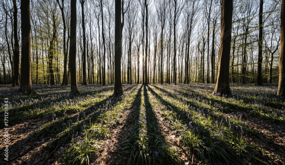Obraz premium Sunlight filtering through a forest, casting long shadows on a field of wildflowers