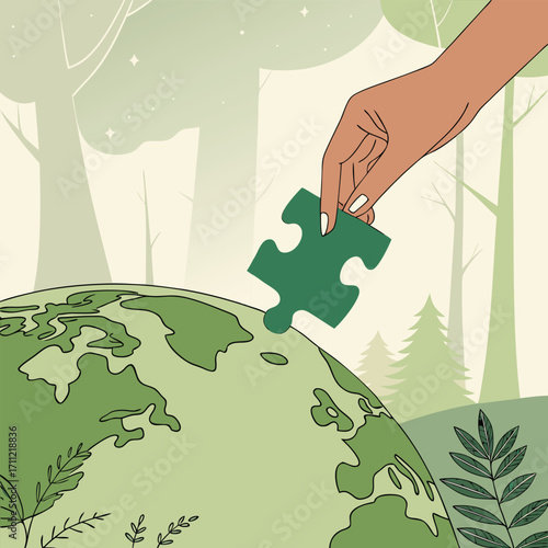 Hand adding puzzle piece to Earth in forest setting