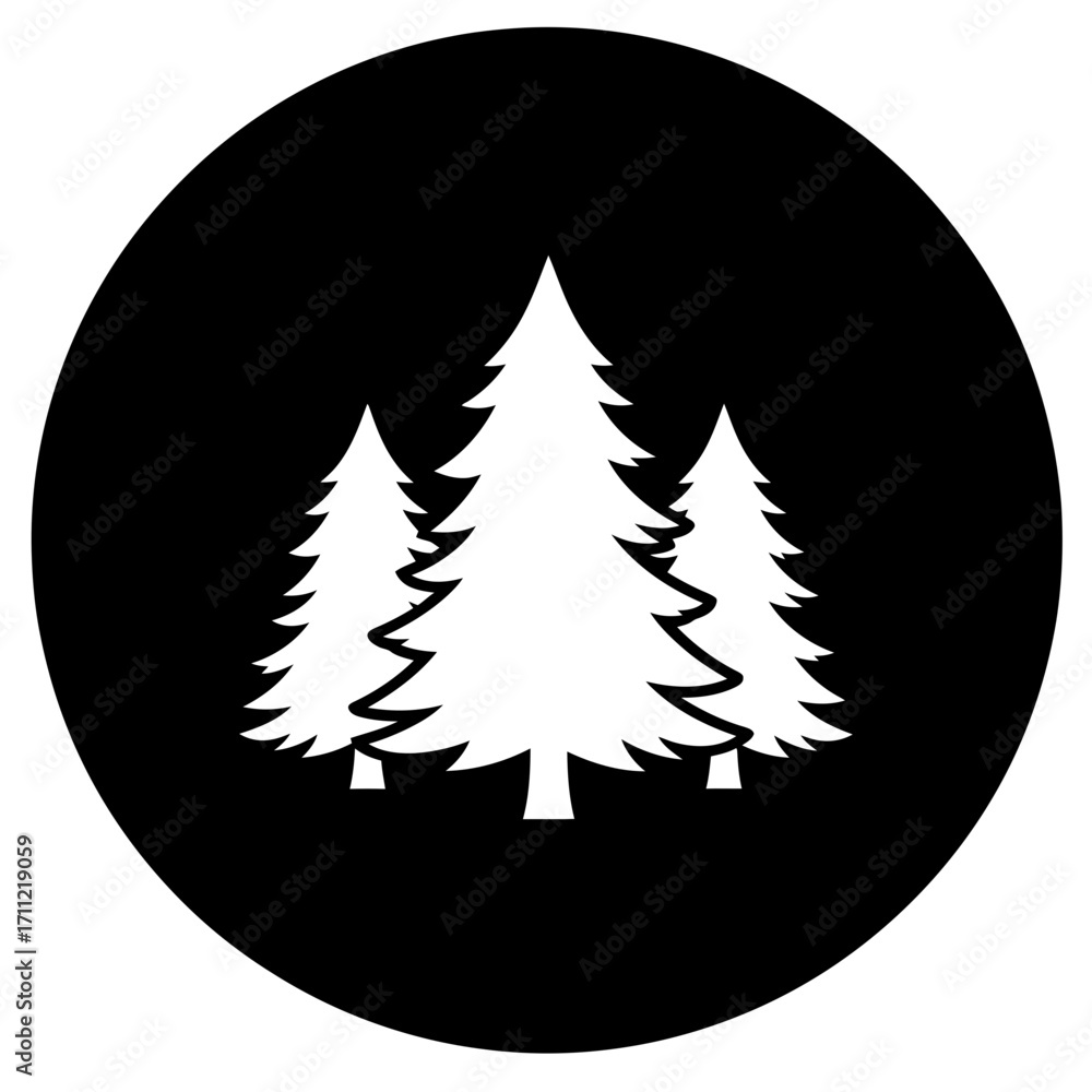 Fototapeta premium Vector art of a group of three stylized white pine trees as icons on a black circular background, representing a forest or woodland area